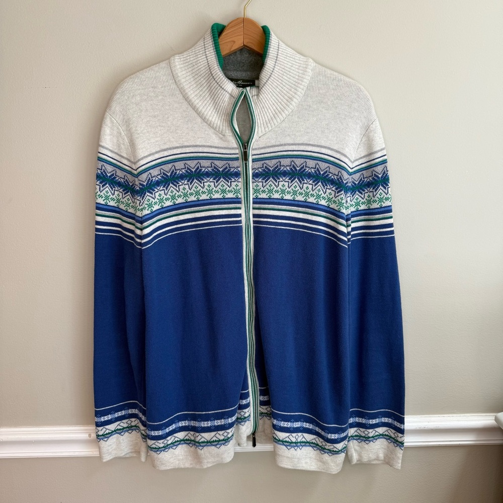 Vintage Eddie Bauer Fair Isle Nordic Zip-Up Sweater Blue White 100% Cotton XL